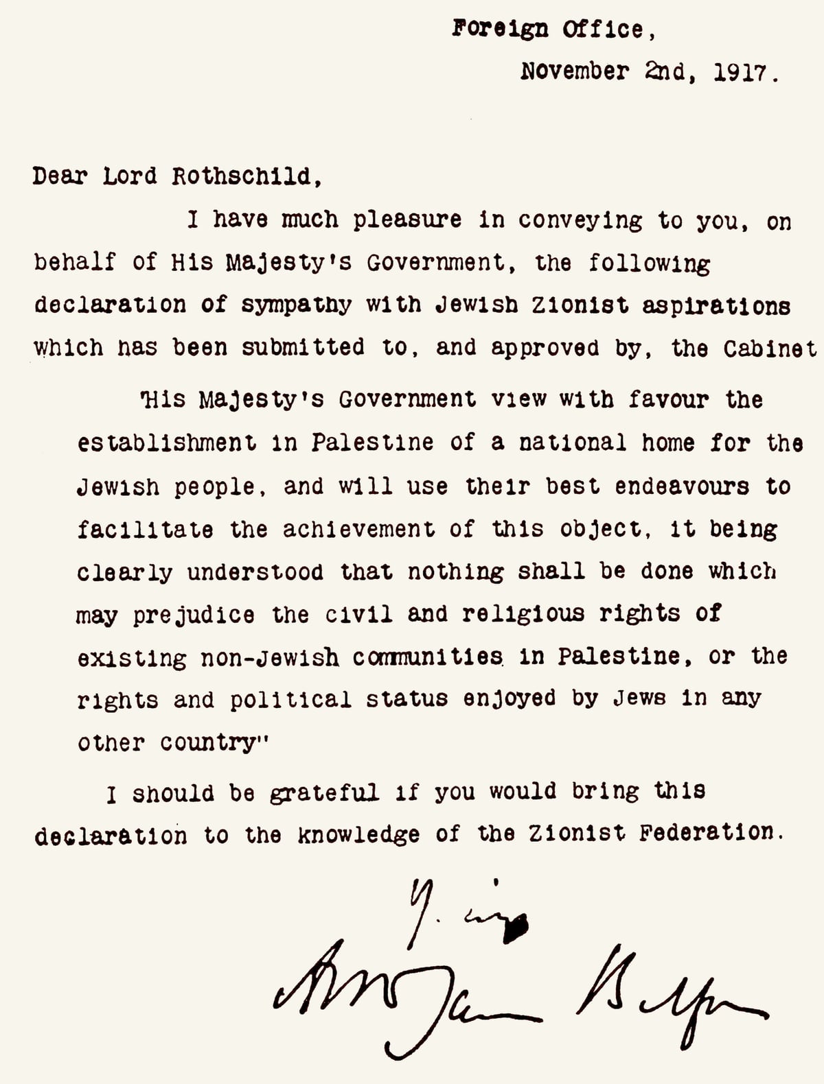 Carta de la Declaración Balfour, firmada el 2 de noviembre de 1917